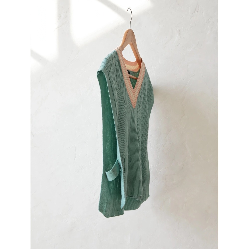 Trendyol Mint Green Mixed Knit V-Neck Sweater Vest Pink Striped Trim Small - Picture 4 of 5